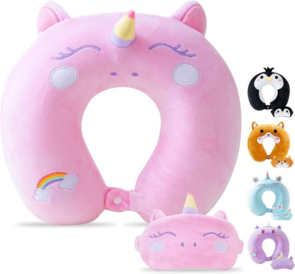 Travel Pillow for Kids Adult Cute Neck Pillow for Traveling Memory Foam Airplane Pillow Sleep Mask Animal Flight Pillow Head Rest Neck Support for Cars Long Flights (Pink, 3-8 Y/O)