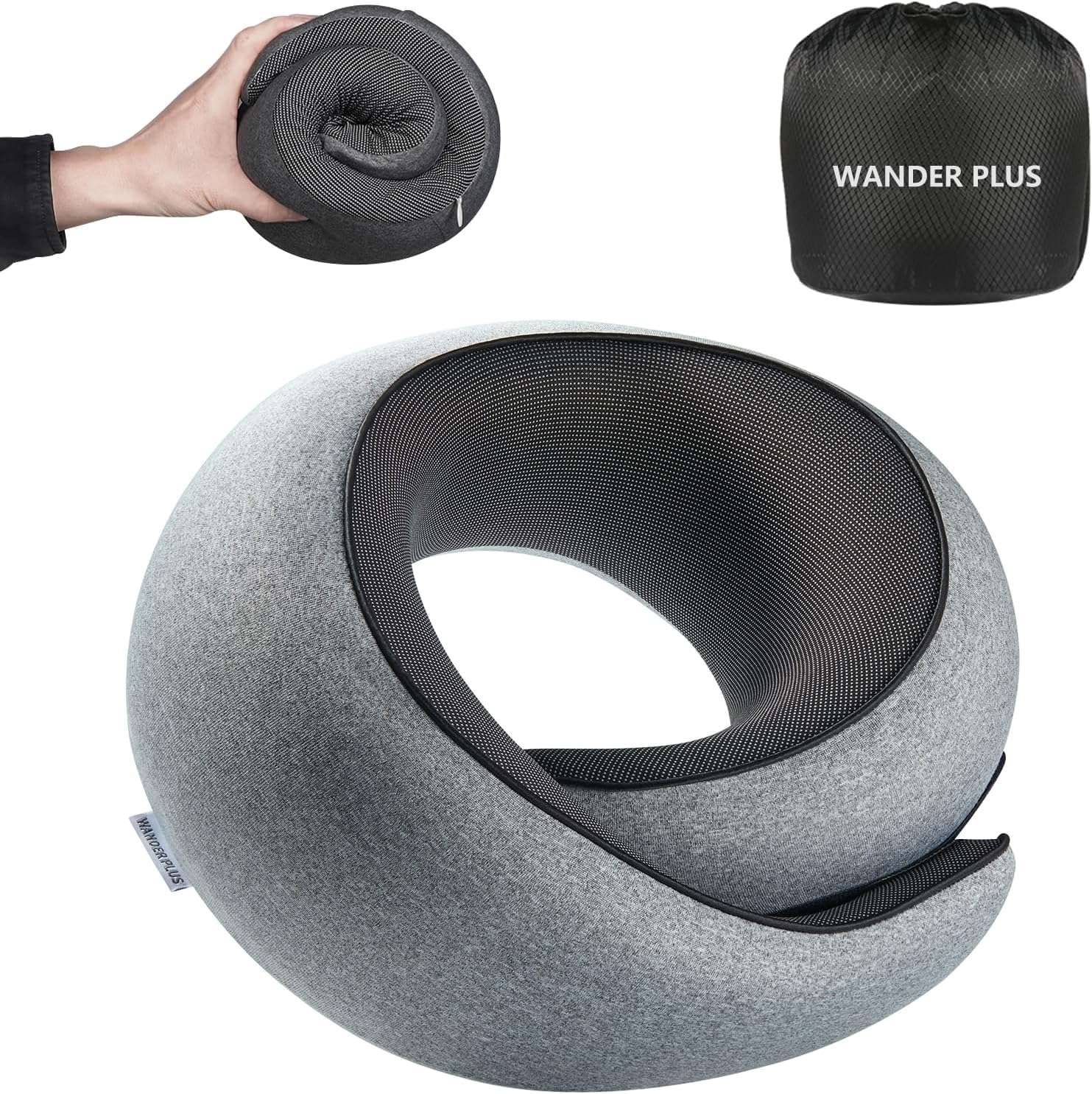 WANDER PLUS® Travel Neck Pillow, Pure Memory Foam Neck Pillow for Airplanes, Comfortable Breathable Cover, 360 Degree Support Ergonomic Design Best for Sleeping Plane Train Travel - 1