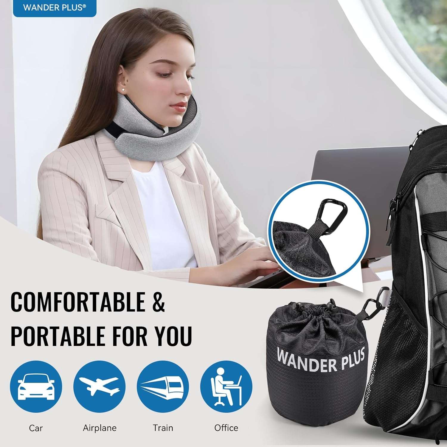 WANDER PLUS® Travel Neck Pillow, Pure Memory Foam Neck Pillow for Airplanes, Comfortable Breathable Cover, 360 Degree Support Ergonomic Design Best for Sleeping Plane Train Travel - 2