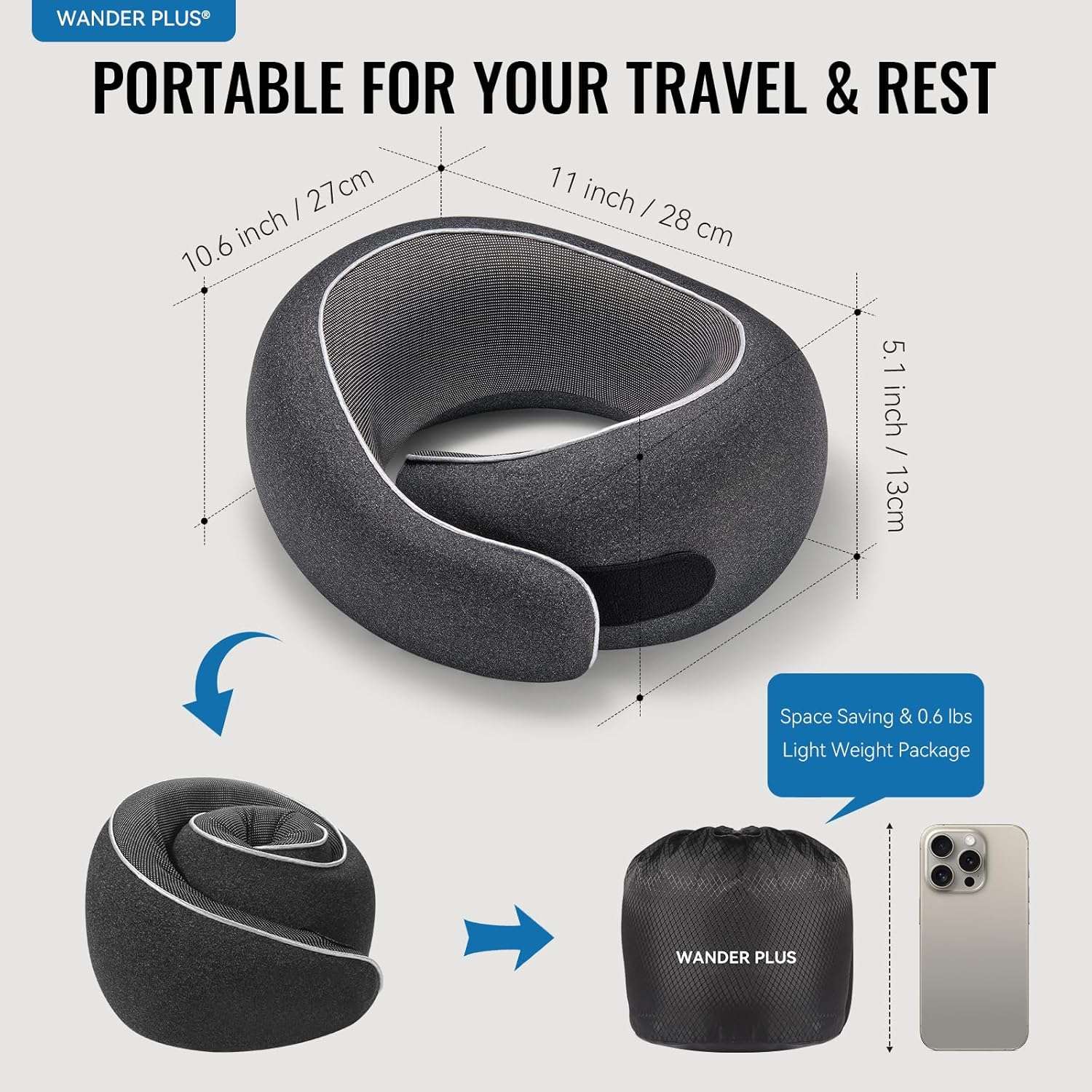 WANDER PLUS® Travel Neck Pillow, Pure Memory Foam Neck Pillow for Airplanes, Comfortable Breathable Cover, 360 Degree Support Ergonomic Design Best for Sleeping Plane Train Travel - 3