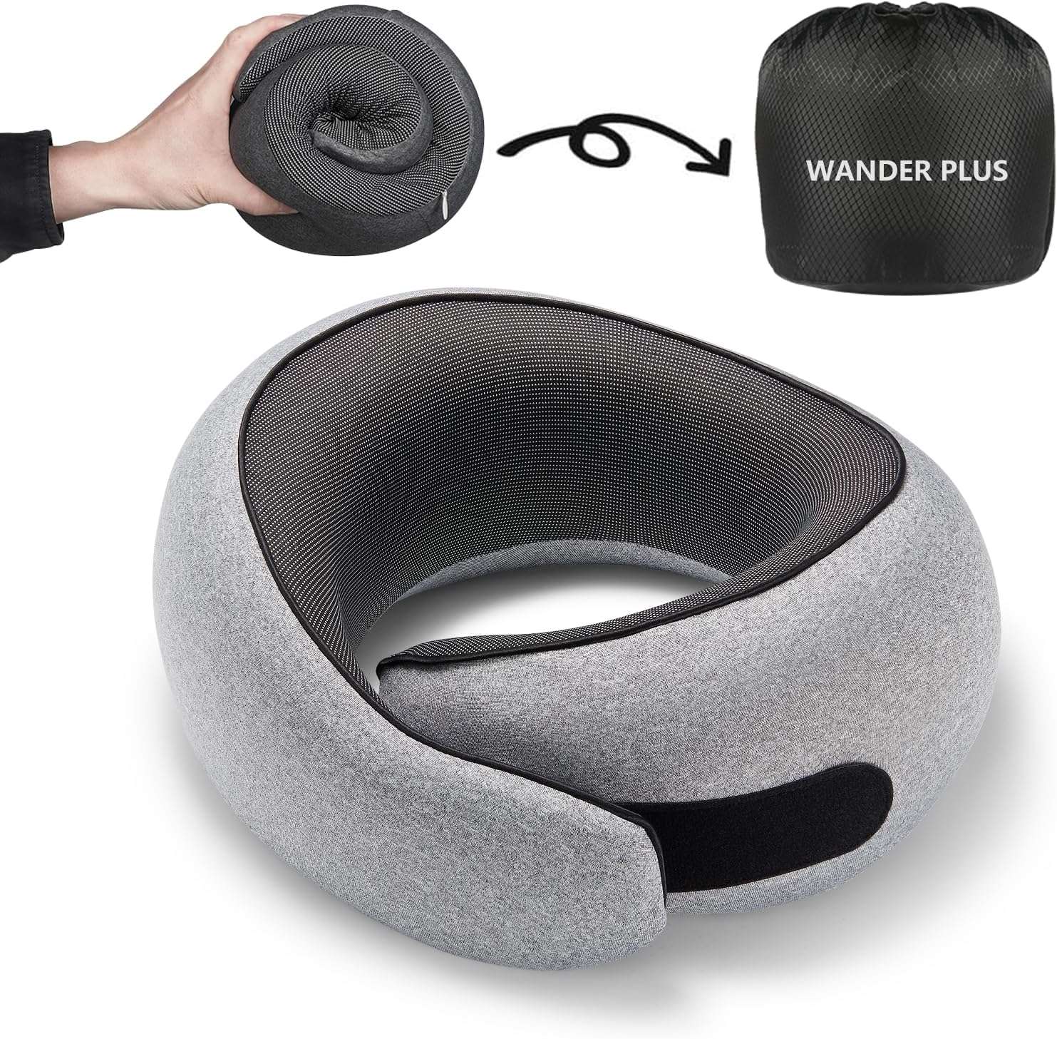 WANDER PLUS® Travel Pillow, 100% Pure Memory Foam Travel Neck Pillow Airplane Neck Support Ergonomic Design Best for Sleeping Plane Car Train Office Flight for Adults Grey - 1