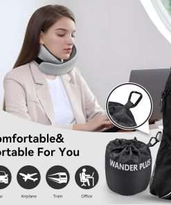 WANDER PLUS® Travel Pillow, 100% Pure Memory Foam Travel Neck Pillow Airplane Neck Support Ergonomic Design Best for Sleeping Plane Car Train Office Flight for Adults Grey - 2