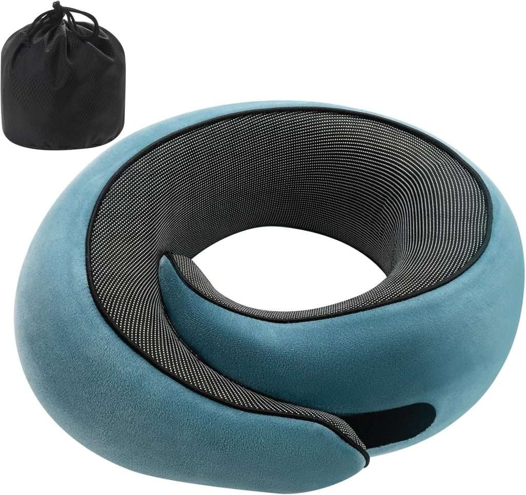 Badink®Snail Neck Pillow Memory Foam with MagicStrap – Adjustable Ergonomic Travel Pillow for Office/Airplane/Car, Washable Cover, Portable Cervical Support(Peacock Blue)