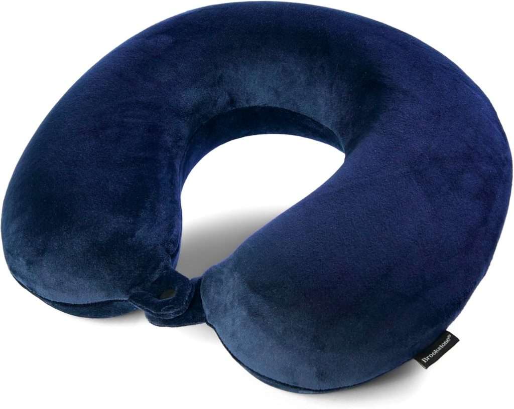Brookstone Travel Neck Pillow – Lightweight Fleece Casing U-Shaped Stuffable Memory Foam Travel Pillow for Sleeping and Neck Support, Blue