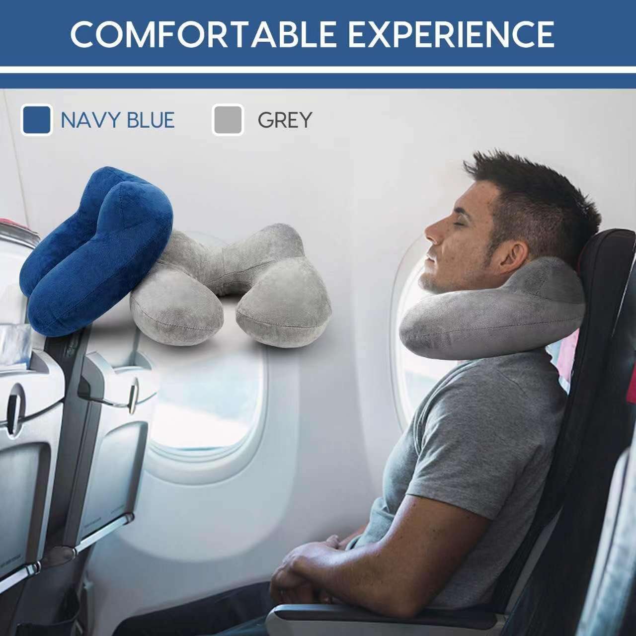 Inflatable Travel Pillow for Airplane Inflatable Neck Pillow for Traveling with Soft Velvet Washable Cover for Sleeping, Airplane,Train, Car, Office, Contoured Eye Masks, Earplugs - 2