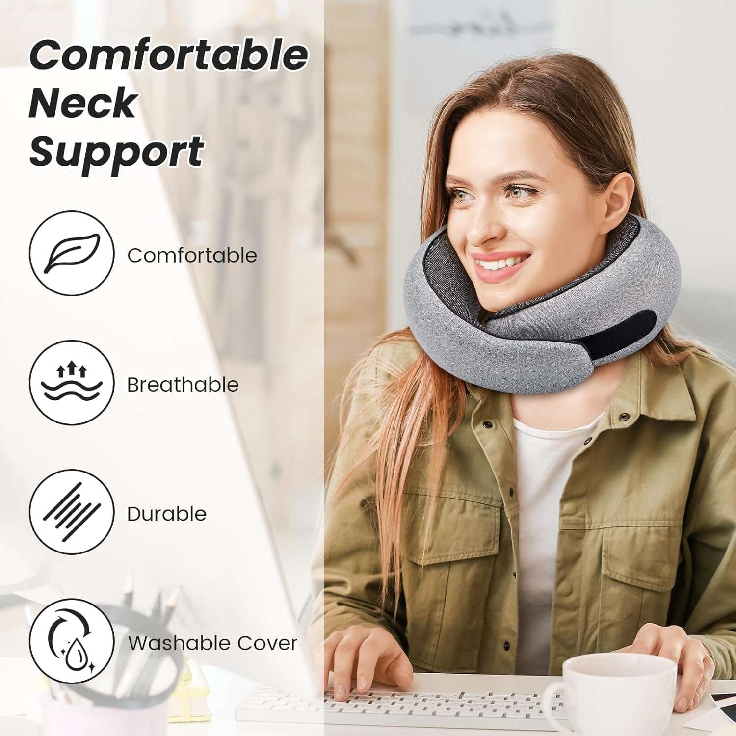 SZXYX Travel Pillows for Airplanes, 100% Pure Memory Foam Neck Pillow for Airplanes, Comfortable Breathable Cover, 360° Support Stowable Pillows for Sleeping, Car, Airport Travel Essentials - 3