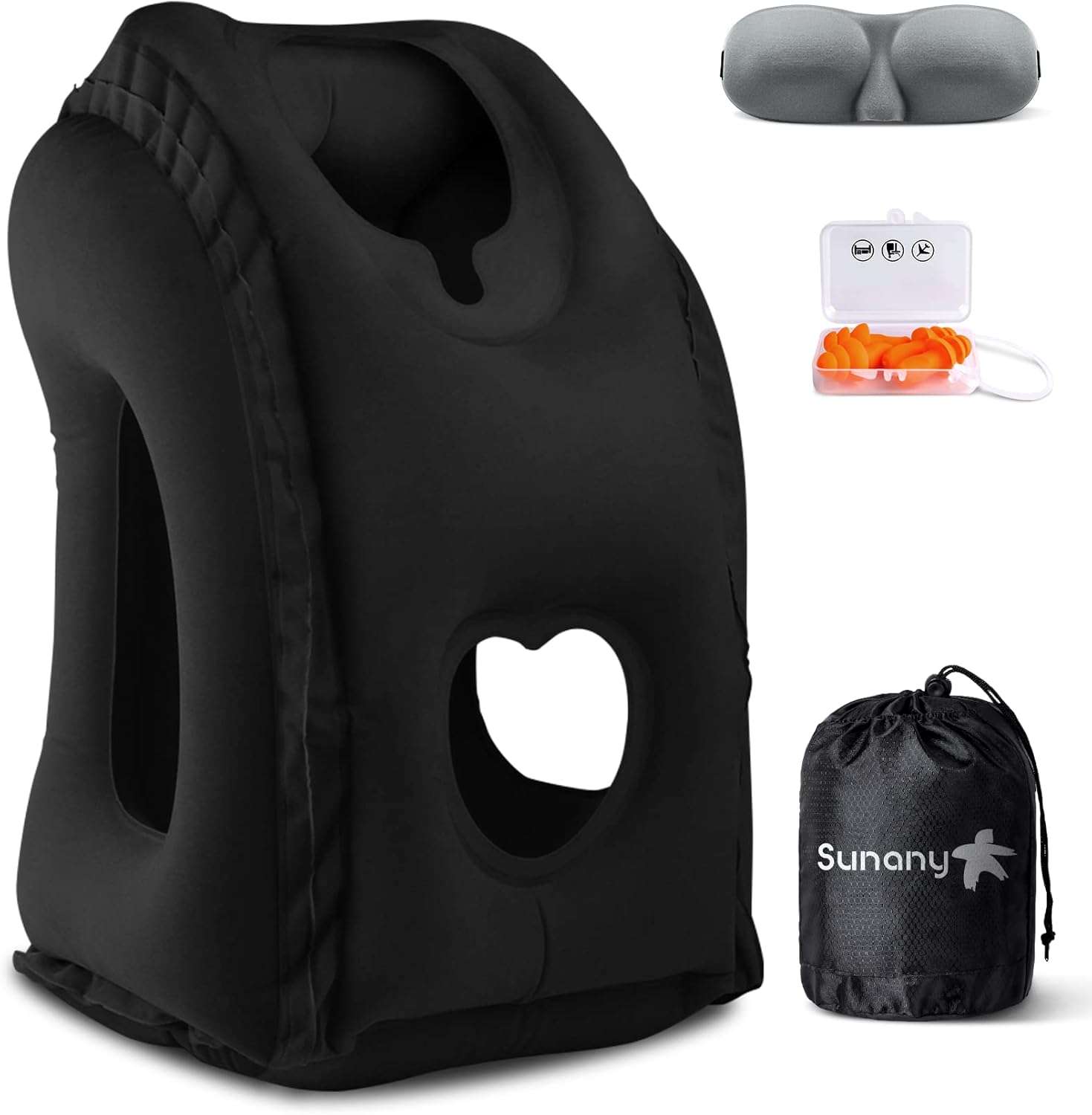 Sunany Travel Pillow, Inflatable Neck Pillow Used for Airplanes-Cars-Buses-Trains-Office Napping with Eye Mask-Earplugs - 1