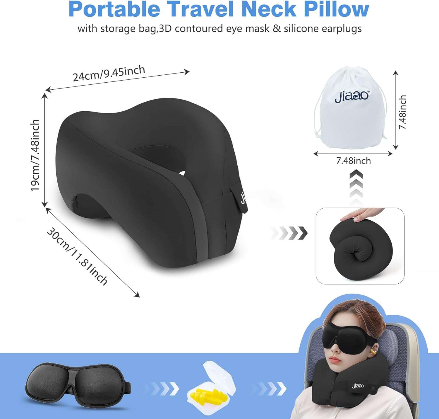 Travel Neck Pillow, Advanced Neck Support for International Flights, 3D Eye Masks, Ear Plugs and Storage Bag, Memory Foam U-Shaped Pillow for Travel, Sleep Rest, Trains, Road Trips - 6