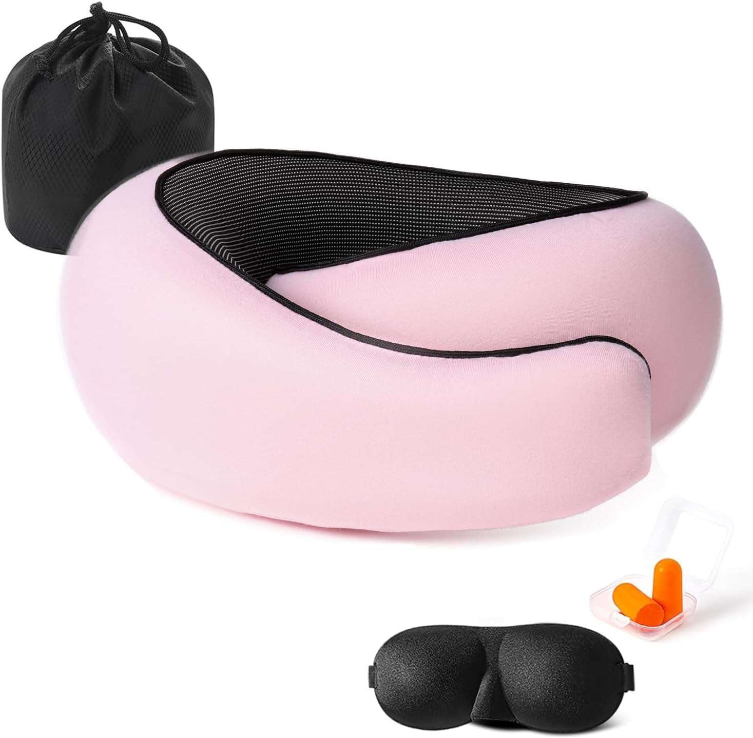 Travel Neck Pillows for Airplanes Or Trains, 360° Head Support Sleep for Long Flight, Skin-Friendly and Breathable, Kit with 3D Contoured Eye Mask, Earplugs and Storage Bag - 1