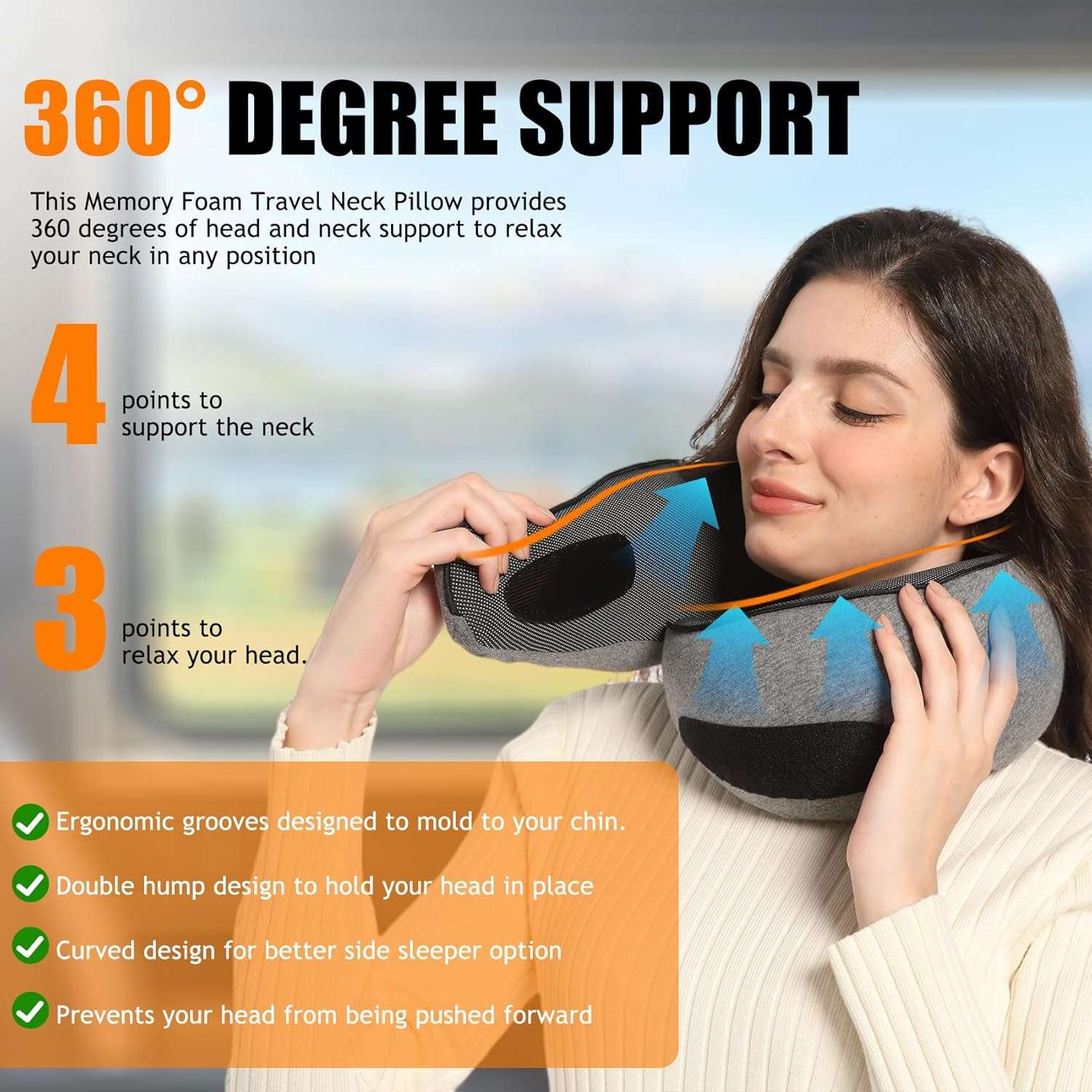 Travel Neck Pillows for Airplanes Or Trains, 360° Head Support Sleep for Long Flight, Skin-Friendly and Breathable, Kit with 3D Contoured Eye Mask, Earplugs and Storage Bag - 6