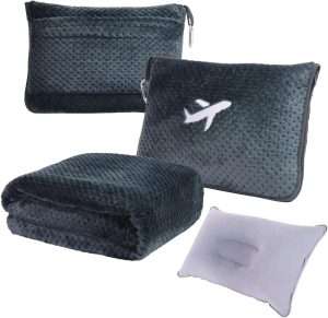 3 in 1 Travel Blanket Pillow Set - 350 GSM Thick Travel Blanket Airplane Compact with Bag, Soft Bag with a Pocket, Inflatable Travel Pillow for Camping & Car Trip - 1