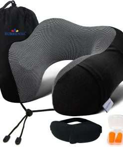 Adjustable Travel Pillow for Neck Support & Comfort, Lightweight Memory Foam Travel Neck Pillow for Sleeping - Washable & Breathable Plane Pillow for Traveling with Eyemask, Earplug & Carry Bag - 1