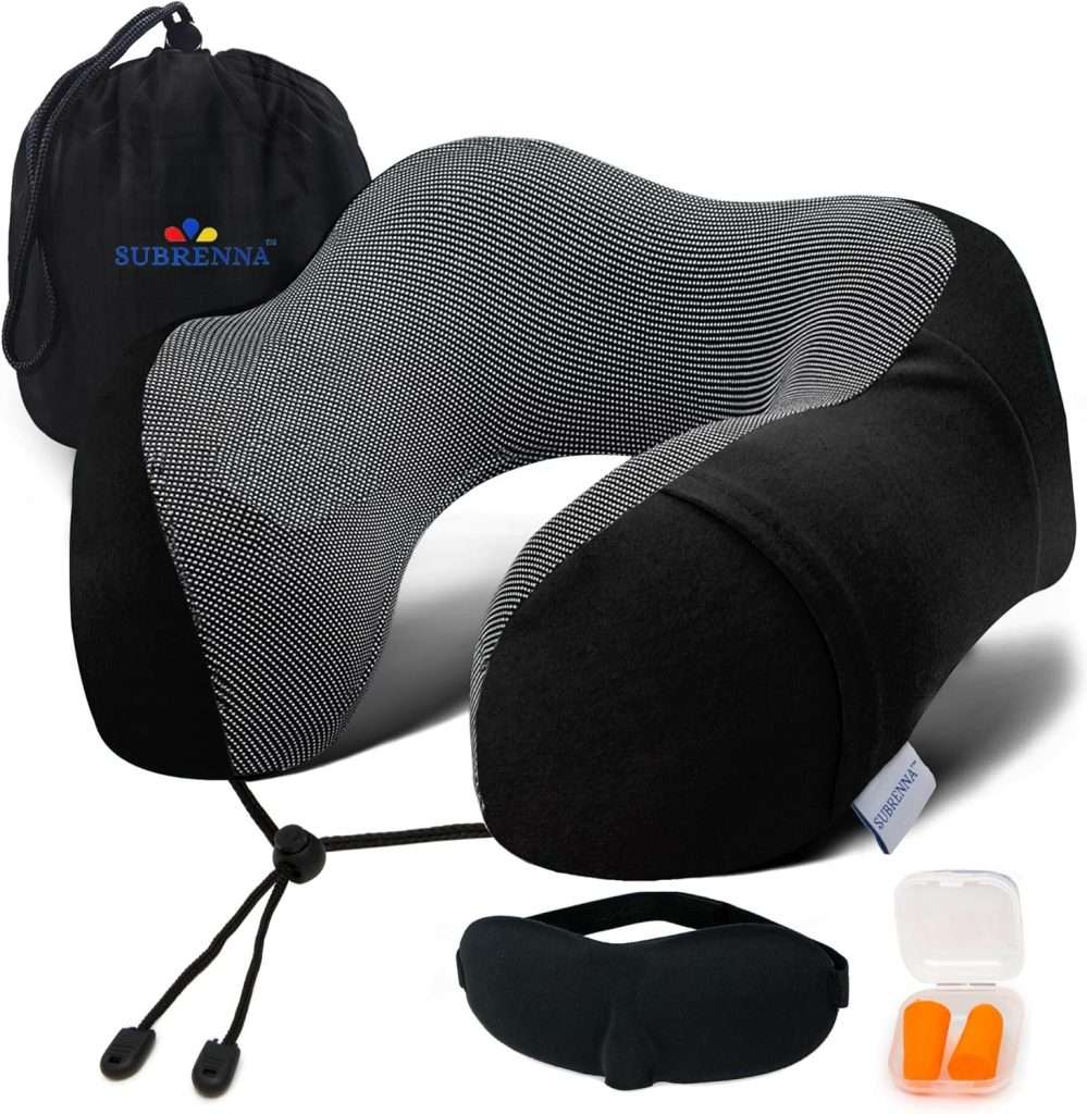Adjustable Travel Pillow for Neck Support & Comfort, Lightweight Memory Foam Travel Neck Pillow for Sleeping – Washable & Breathable Plane Pillow for Traveling with Eyemask, Earplug & Carry Bag