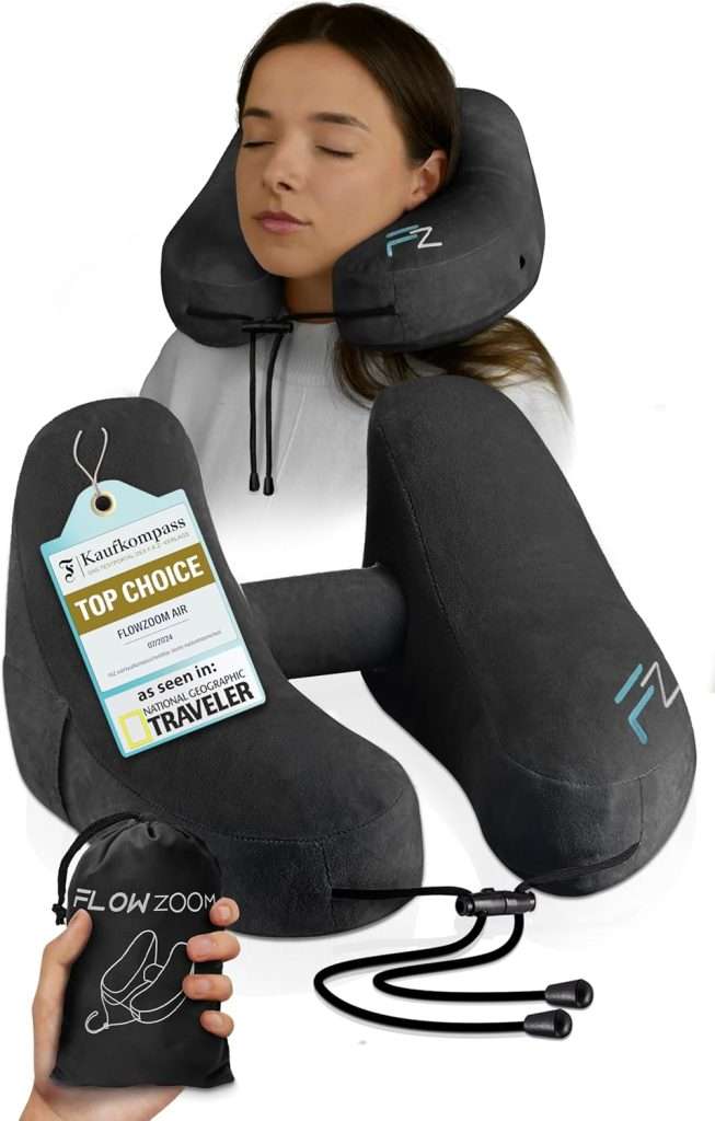 Air Inflatable Neck Pillow for Traveling on Plane – H-Shape Hooded Airplane Pillow with 5 Snooze Modes, Fast Inflation, Pressure Control, Cozy Clip-On Hood & Plushy Cover – Size L, Jet Black