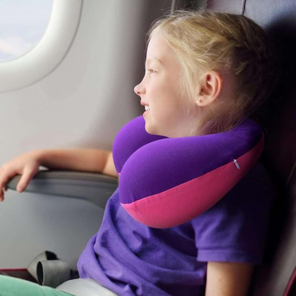 COOLBEBE Kids Travel Neck Pillow, Softly Double Support Neck Pillow for Car & Airplane, Traveling Gifts for Toddler & Children (1, Pinkish Purple) product use example