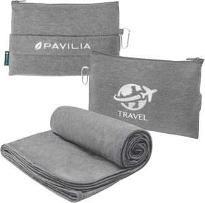 PAVILIA Soft Travel Blanket, Compact Airplane Blanket in Bag, Portable Blanket Pillow Set, Lightweight and Packable Plane Flight Car Trips Travel Home Office Gift Accessories, Gray - 1