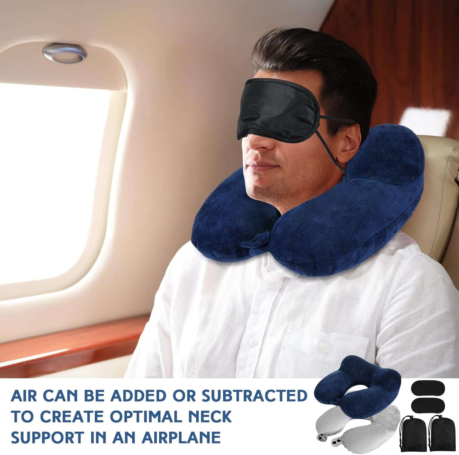 Sintuff 2 Pack Inflatable Travel Pillow for Airplanes Inflatable Neck Flight Pillows with Compact Bag and Blindfold for Traveling, Airplane, Train, Car, Office - 6