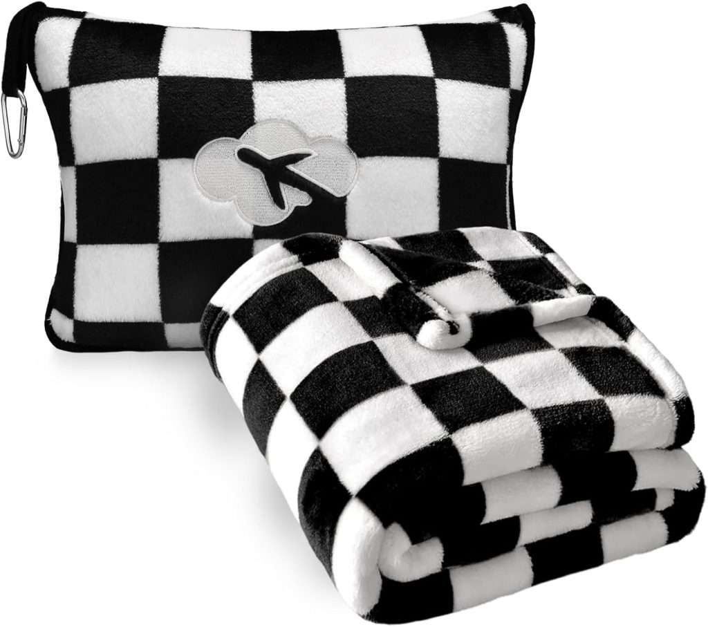 Travel Blanket and Pillow Compact, Premium Soft 2 in 1 Airplane Blanket with Soft Bag Pillowcase，Hand Luggage Sleeve and Backpack Clip (Checkered Black)