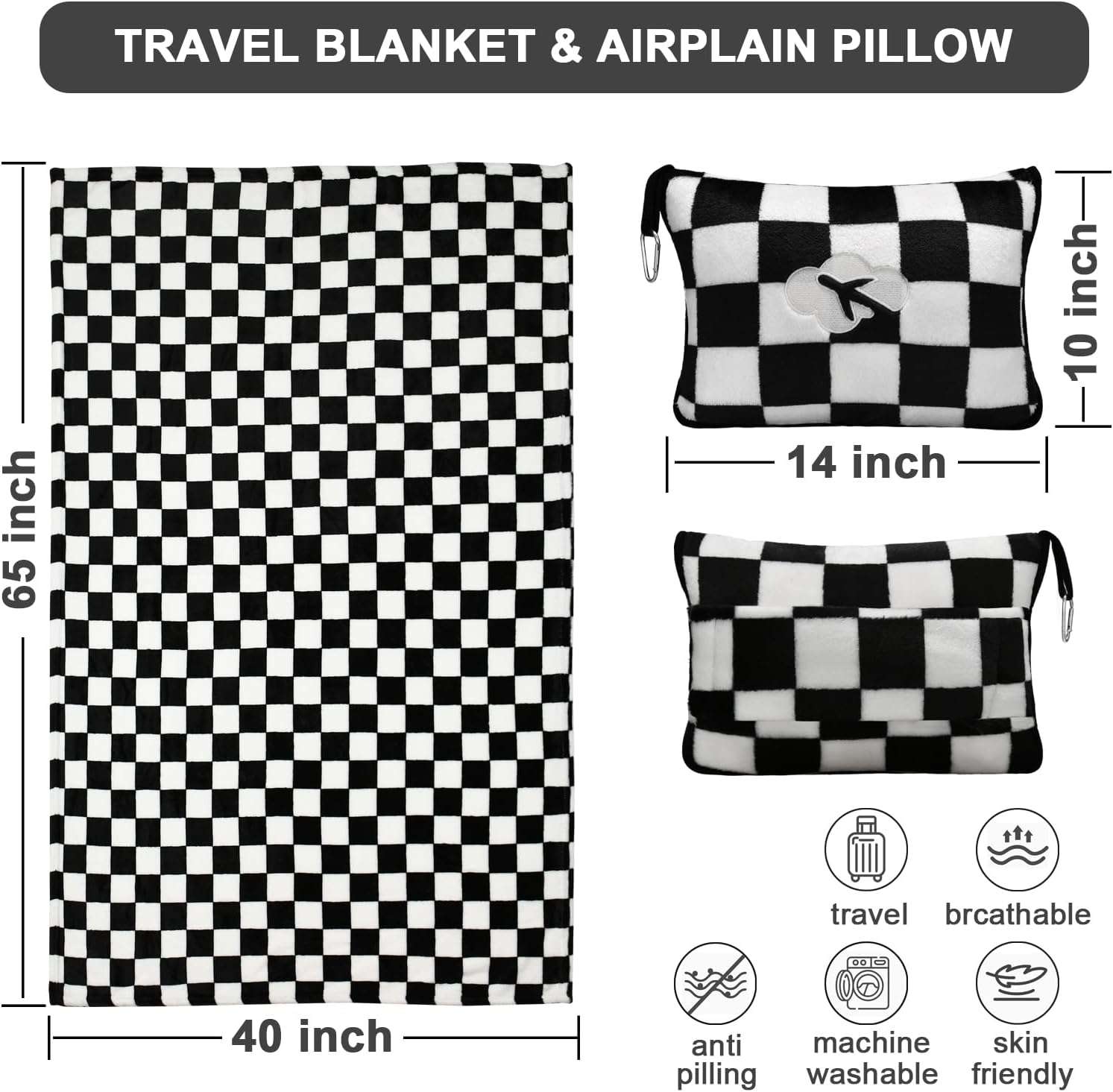 Travel Blanket and Pillow Compact, Premium Soft 2 in 1 Airplane Blanket with Soft Bag Pillowcase，Hand Luggage Sleeve and Backpack Clip - 3