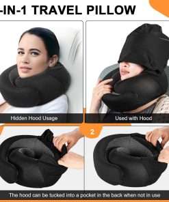 Travel Pillow - Hooded Neck Pillow Airplane, Memory Foam Pillow for Plane, Office, Cars Sleeping, Long Flight Must Haves, Road Trip Essentials Accessories for Adults - 2