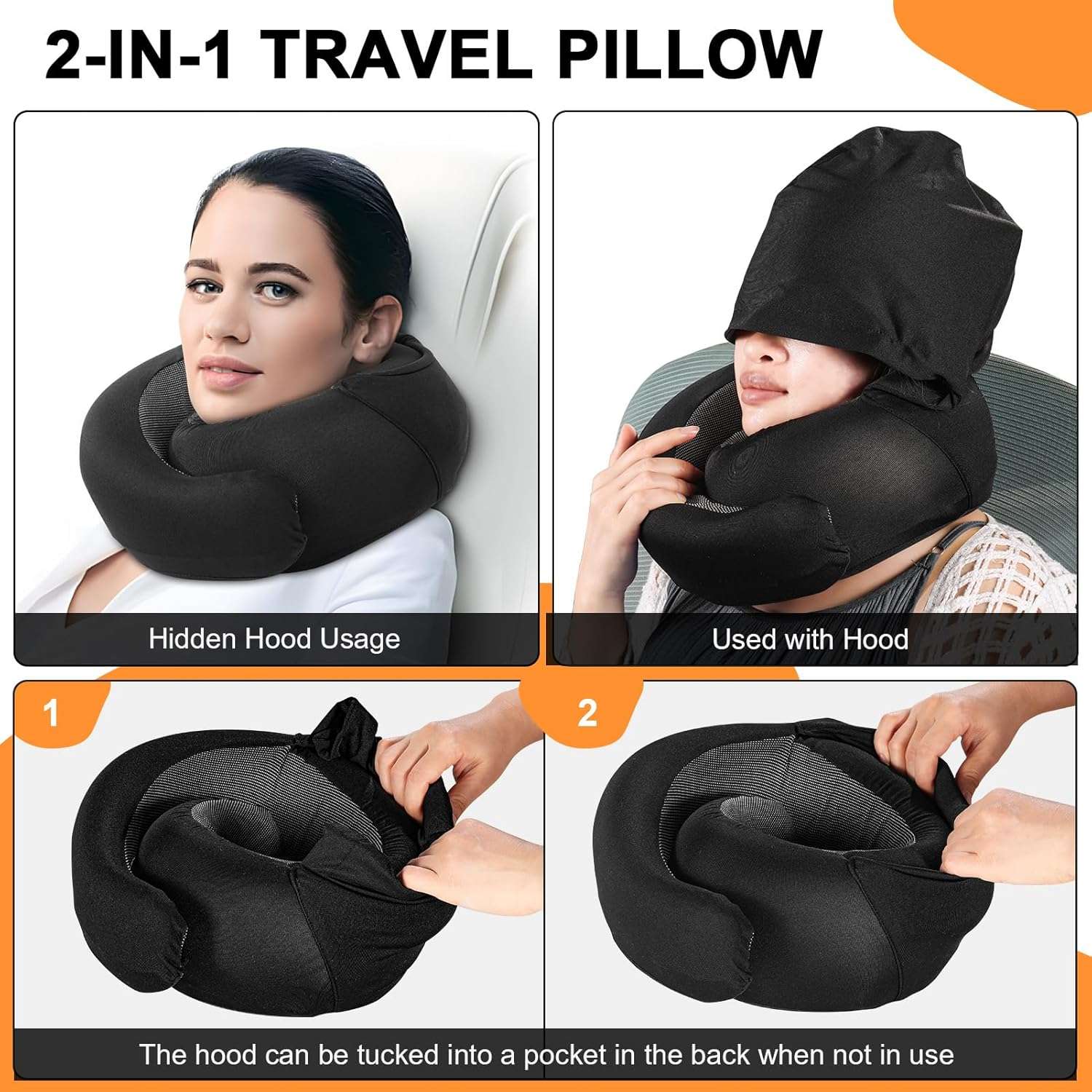 Travel Pillow - Hooded Neck Pillow Airplane, Memory Foam Pillow for Plane, Office, Cars Sleeping, Long Flight Must Haves, Road Trip Essentials Accessories for Adults - 2
