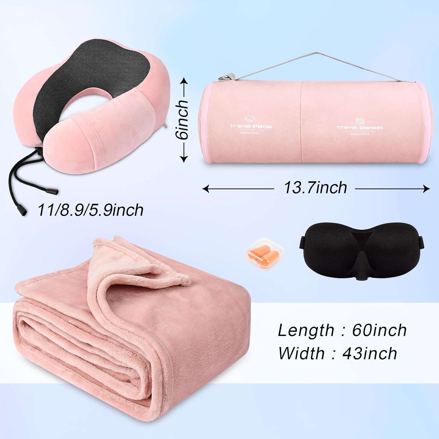 Travel Pillow and Blanket Set Neck Pillows Travel Essentials with Sleep Mask for Airplane Car Memory Foam Pink - 3