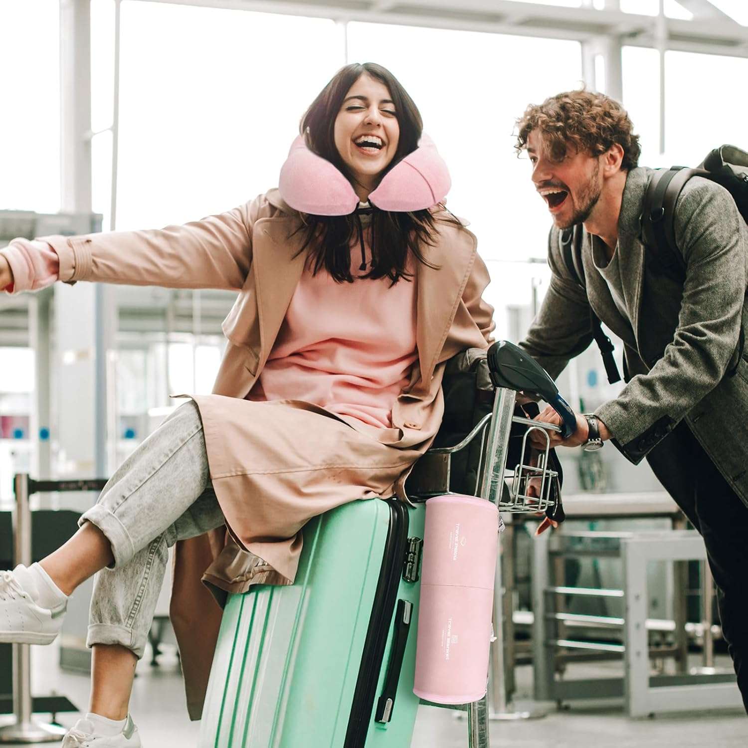 Travel Pillow and Blanket Set Neck Pillows Travel Essentials with Sleep Mask for Airplane Car Memory Foam Pink - 5