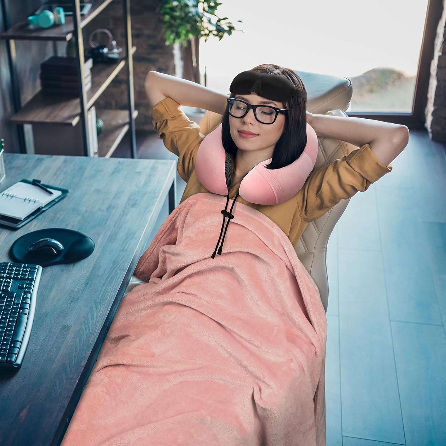 Travel Pillow and Blanket Set Neck Pillows Travel Essentials with Sleep Mask for Airplane Car Memory Foam Pink - 6