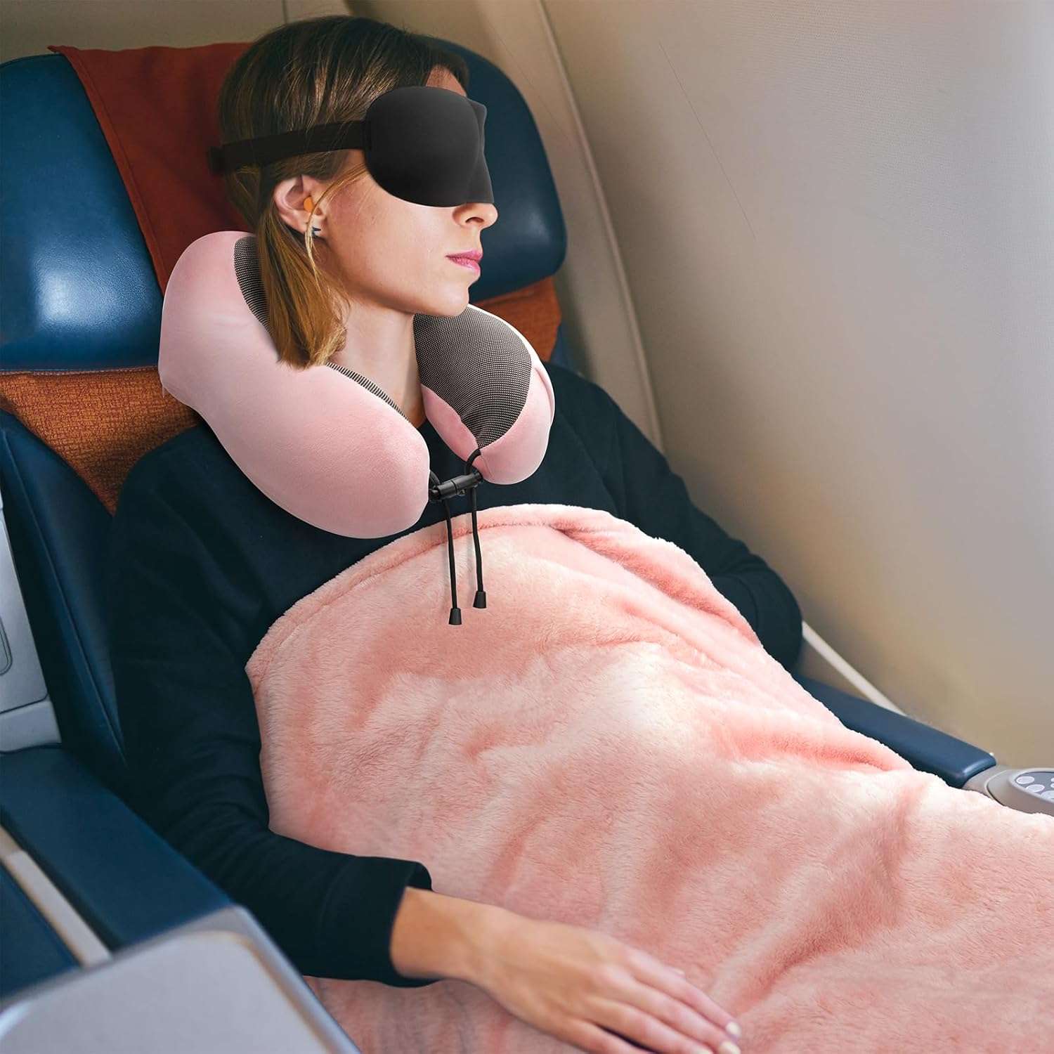 Travel Pillow and Blanket Set Neck Pillows Travel Essentials with Sleep Mask for Airplane Car Memory Foam Pink - 7