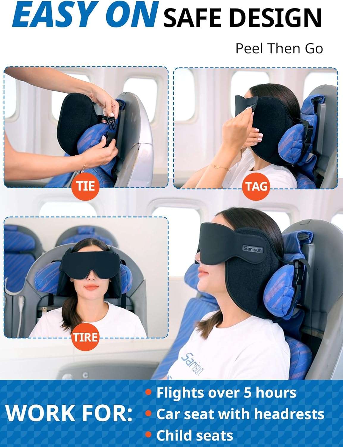 Upgraded Travel Pillow, U-Shaped Airplane Head Strap for All Heights, 360° Support, 3D Sleep Mask, 100% Light Blocking, Long Flights Essentials Headrest, Stop Bobblehead, Black - 7