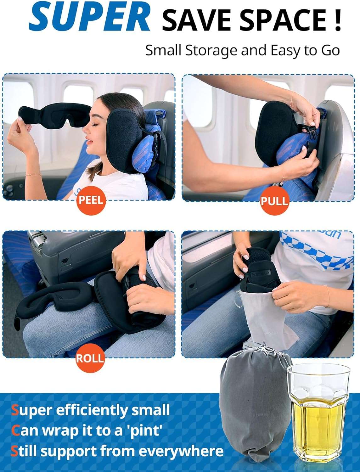 Upgraded Travel Pillow, U-Shaped Airplane Head Strap for All Heights, 360° Support, 3D Sleep Mask, 100% Light Blocking, Long Flights Essentials Headrest, Stop Bobblehead, Black - 8