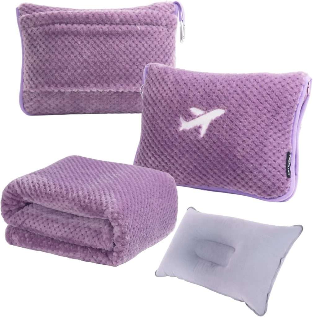 3 in 1 Travel Blanket Pillow Set – 350 GSM Thick Travel Blanket Airplane Compact with Bag, Soft Bag with a Pocket, Inflatable Travel Pillow for Camping & Car Trip (Violet)