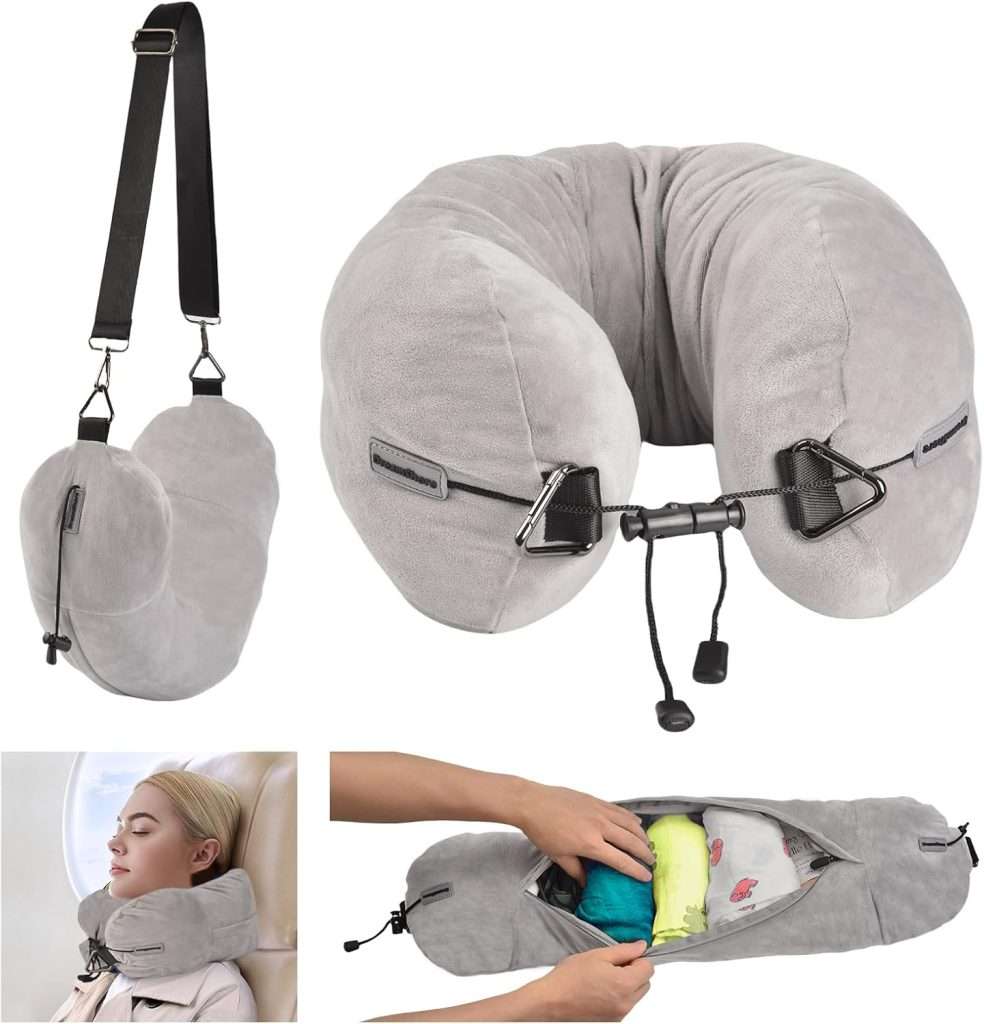 DreamShore Travel Pillow for Extra Luggage: Stuffable Neck Pillow with Adjustable Neck Size | Fits 3+ Days of Travel Essentials | Transformable Carry-On Solution | Soft Velvet Cover | No Filler