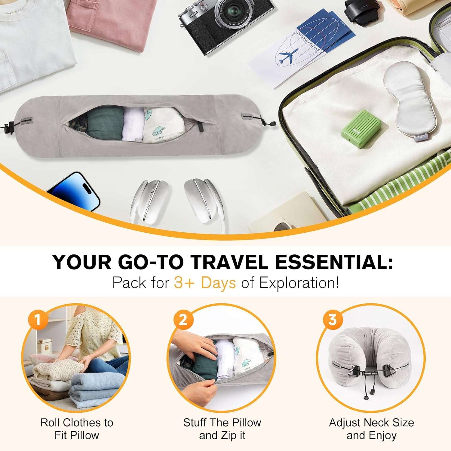 DreamShore Travel Pillow for Extra Luggage- Stuffable Neck Pillow with Adjustable Neck Size - Fits 3+ Days of Travel Essentials - Transformable Carry-On Solution - Soft Velvet Cover - No Filler - 2