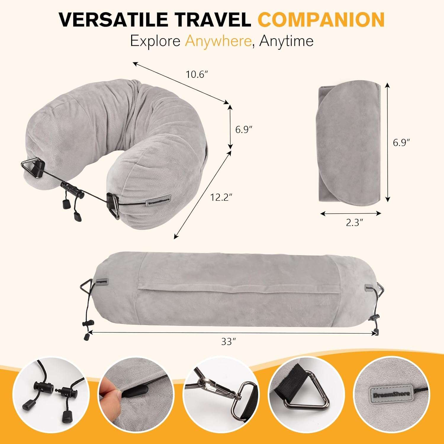 DreamShore Travel Pillow for Extra Luggage- Stuffable Neck Pillow with Adjustable Neck Size - Fits 3+ Days of Travel Essentials - Transformable Carry-On Solution - Soft Velvet Cover - No Filler - 7
