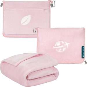 PAVILIA Travel Blanket and Pillow, Arms Opening Airplane Blankets for Adults, Compact Plane Blanket with Arm Hole 2-in-1 Bag for Flight Car Camping Fit - 1