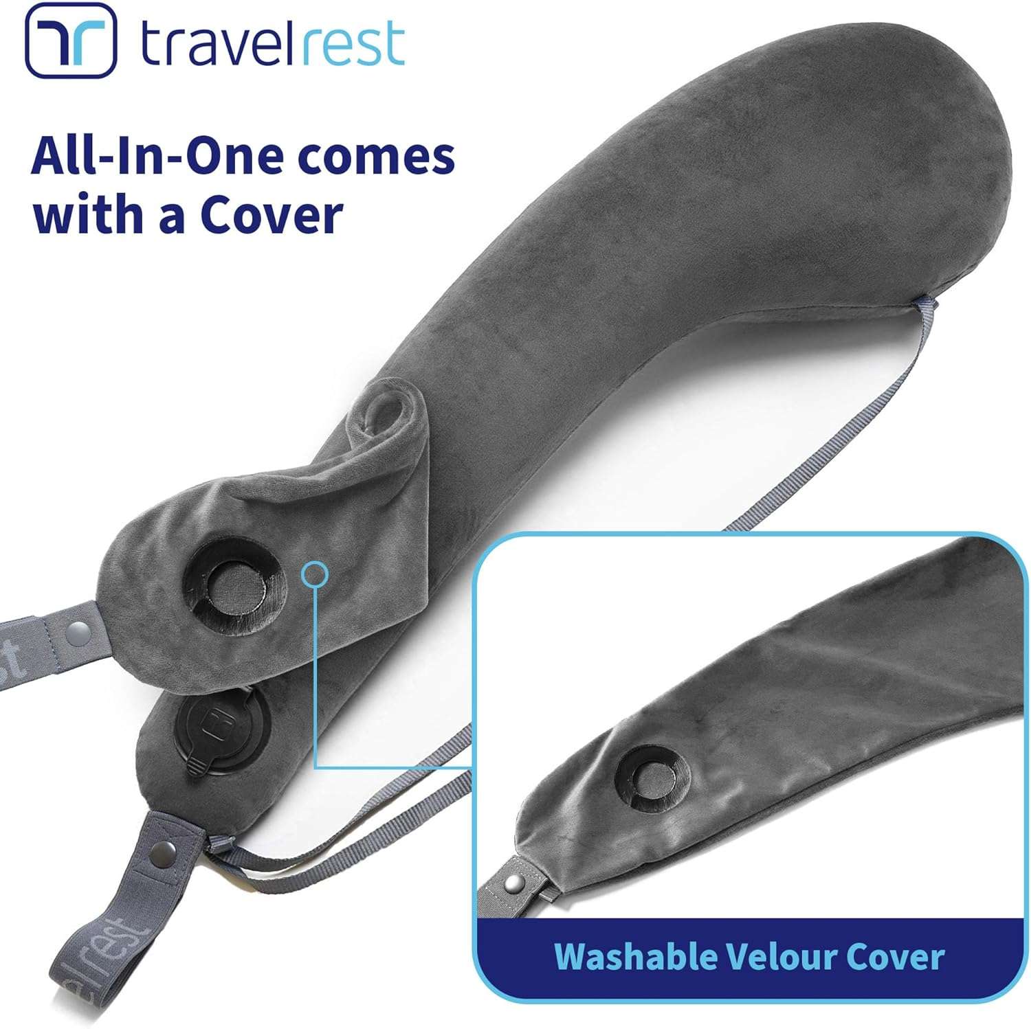TRAVELREST All-in-One Neck & Body Pillow, Advanced Support Design, Travel Essential, Memory Foam Inserts, Inflatable, Airplane & Car Seat, Sleeping on Long Flight & Trips, Grey (Washable Velour Cover) - Image 7