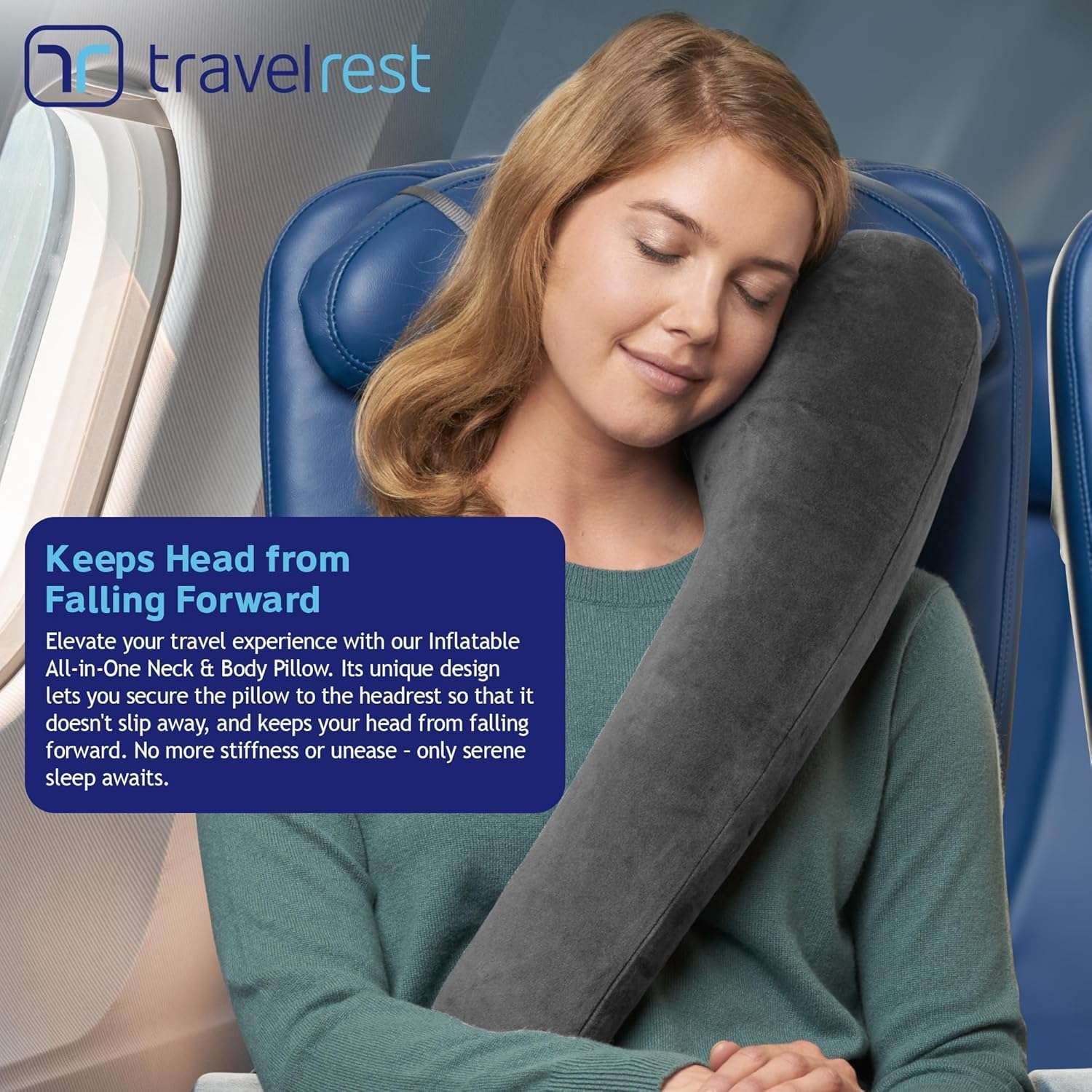 TRAVELREST All-in-One Neck & Body Pillow, Advanced Support Design, Travel Essential, Memory Foam Inserts, Inflatable, Airplane & Car Seat, Sleeping on Long Flight & Trips, Grey - 3