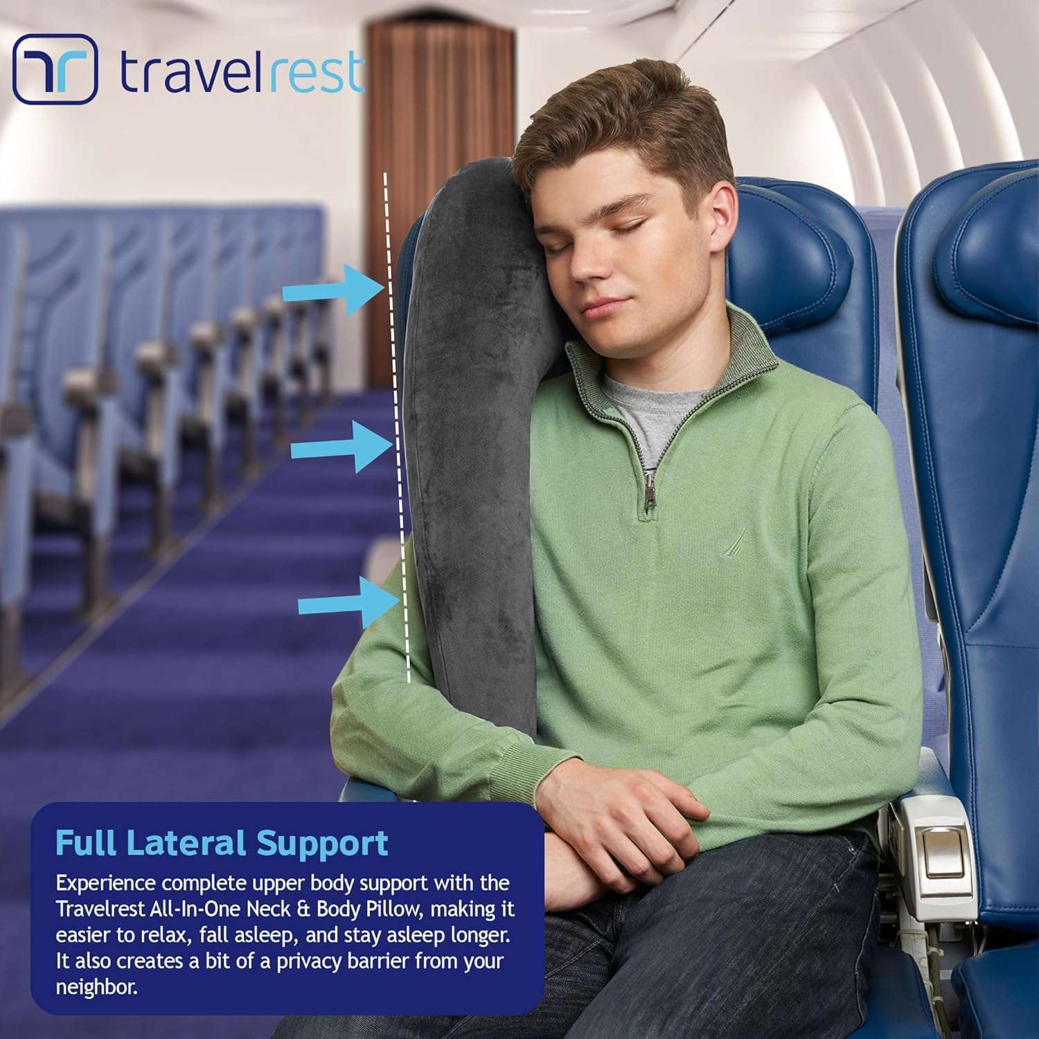 TRAVELREST All-in-One Neck & Body Pillow, Advanced Support Design, Travel Essential, Memory Foam Inserts, Inflatable, Airplane & Car Seat, Sleeping on Long Flight & Trips, Grey - 5