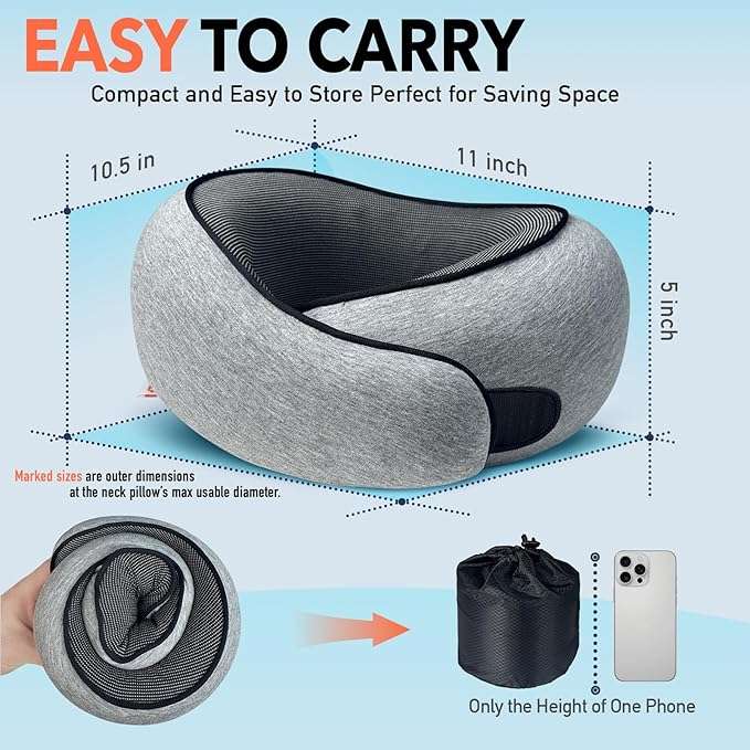 Travel Pillow - High-Density Memory Foam Pillow with 360° Surround Support. Ergonomically Designed. Ideal for Airplane Travel and Home Use. - 3