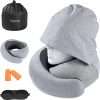 Travel Pillow - Hooded Neck Pillow Airplane Memory Foam Filling for Plane, Office, Cars Sleeping, Road Trip, Long Flights, Portable Plane Accessories, Includes Eye Mask & Earplugs - 1