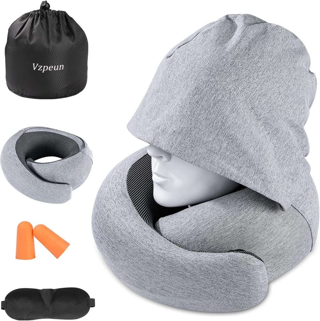 Travel Pillow – Hooded Neck Pillow Airplane Memory Foam Filling for Plane, Office, Cars Sleeping, Road Trip, Long Flights, Portable Plane Accessories, Includes Eye Mask & Earplugs (Light Gray)