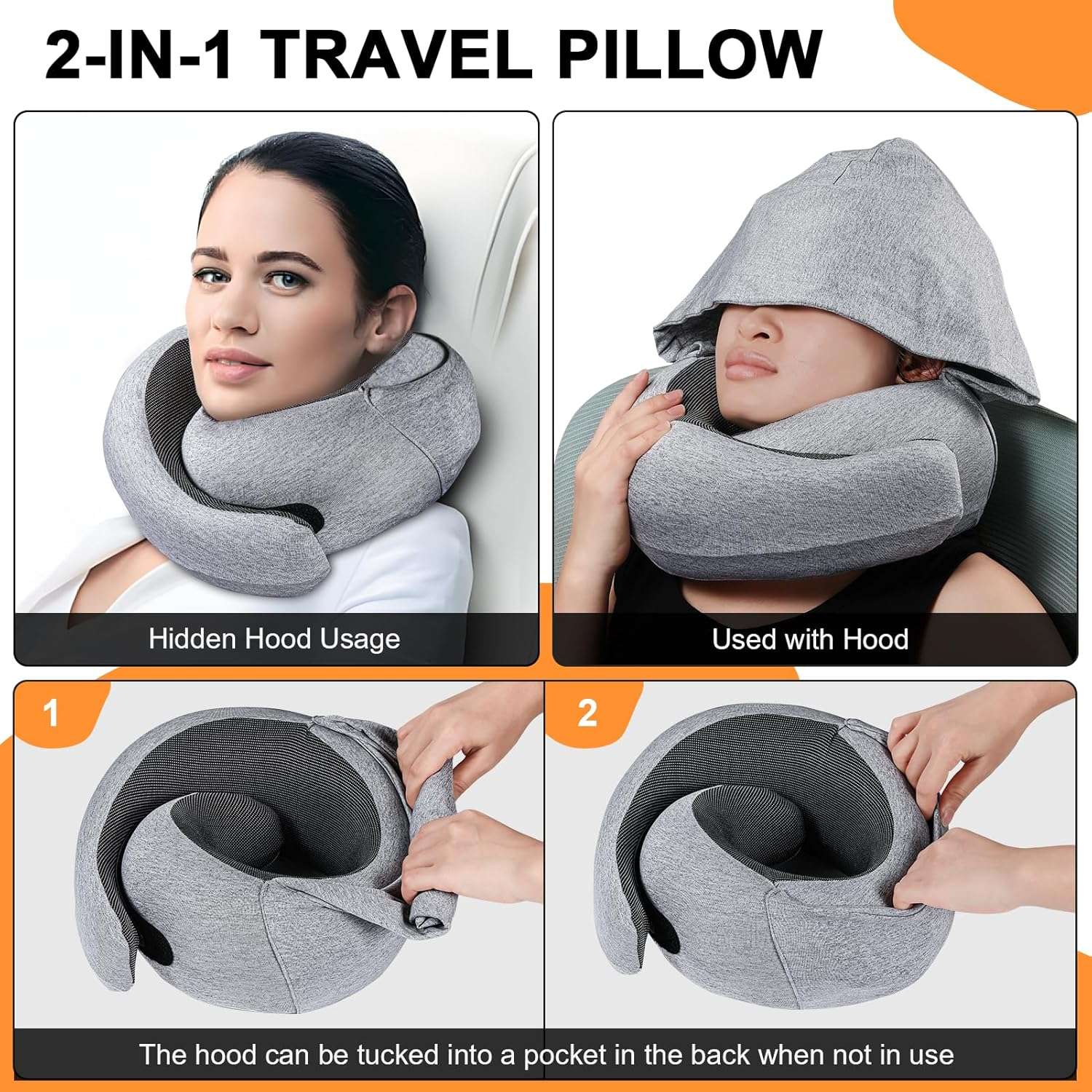 Travel Pillow - Hooded Neck Pillow Airplane Memory Foam Filling for Plane, Office, Cars Sleeping, Road Trip, Long Flights, Portable Plane Accessories, Includes Eye Mask & Earplugs (Light Gray) - Image 5