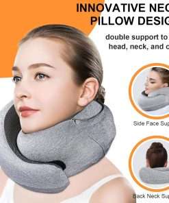 Travel Pillow - Hooded Neck Pillow Airplane Memory Foam Filling for Plane, Office, Cars Sleeping, Road Trip, Long Flights, Portable Plane Accessories, Includes Eye Mask & Earplugs - 4