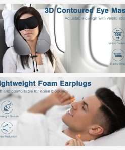 Travel Pillow for Airplane Memory Foam Neck Pillow, Soft & Support Travel Pillow for Travelling with Eye Mask, Earplugs and Storage Bag, Sleeping Rest, Car, Train and Home Use Cooling, Grey - 4
