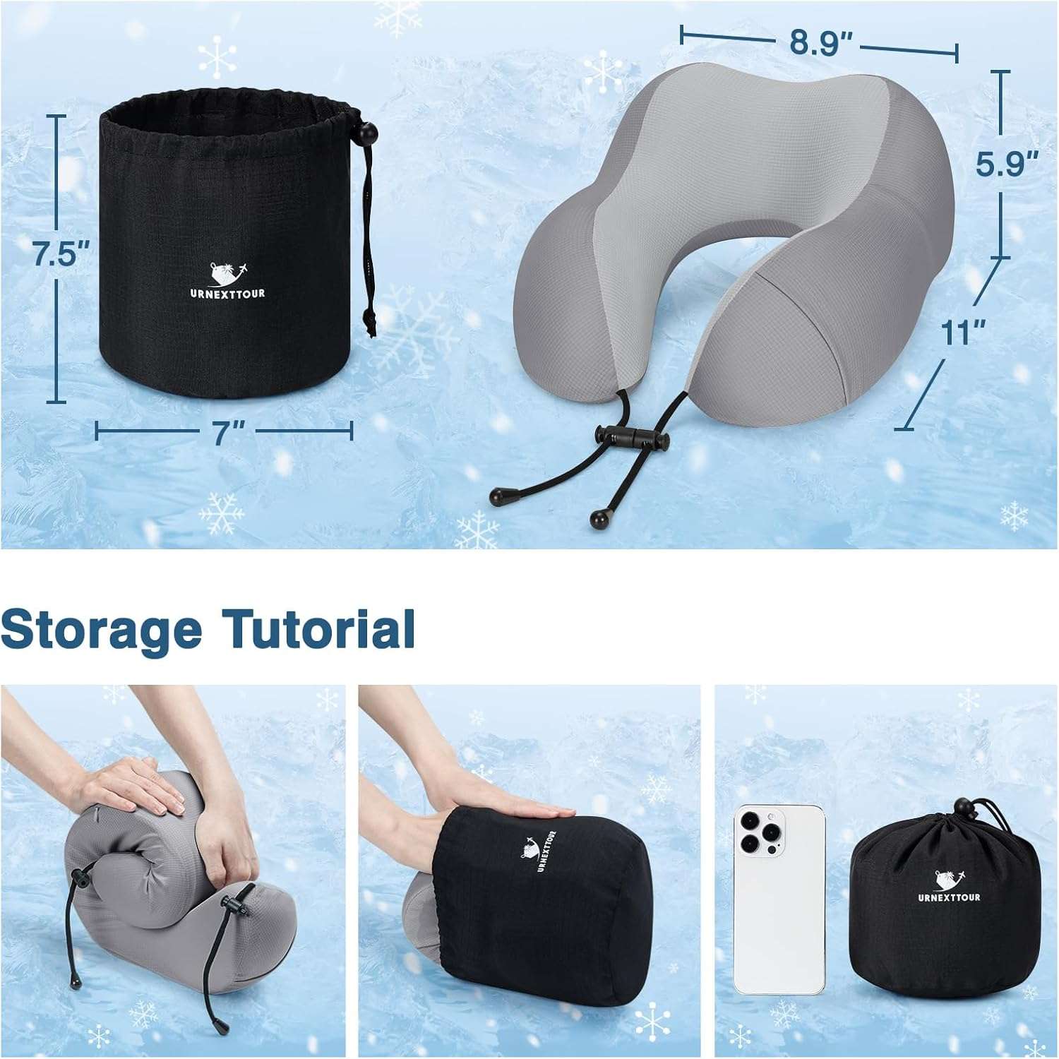 Travel Pillow for Airplane Memory Foam Neck Pillow, Soft & Support Travel Pillow for Travelling with Eye Mask, Earplugs and Storage Bag, Sleeping Rest, Car, Train and Home Use Cooling, Grey - 6