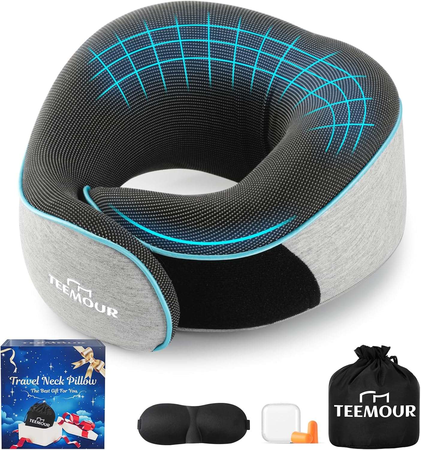 Upgraded Neck Pillow for Airplane Travel - 360° Support Gifts for Women-Men-Mom-Dad, Memory Foam Travel Pillow With Eye Mask & Earplugs, Portable Carry Bag - 1