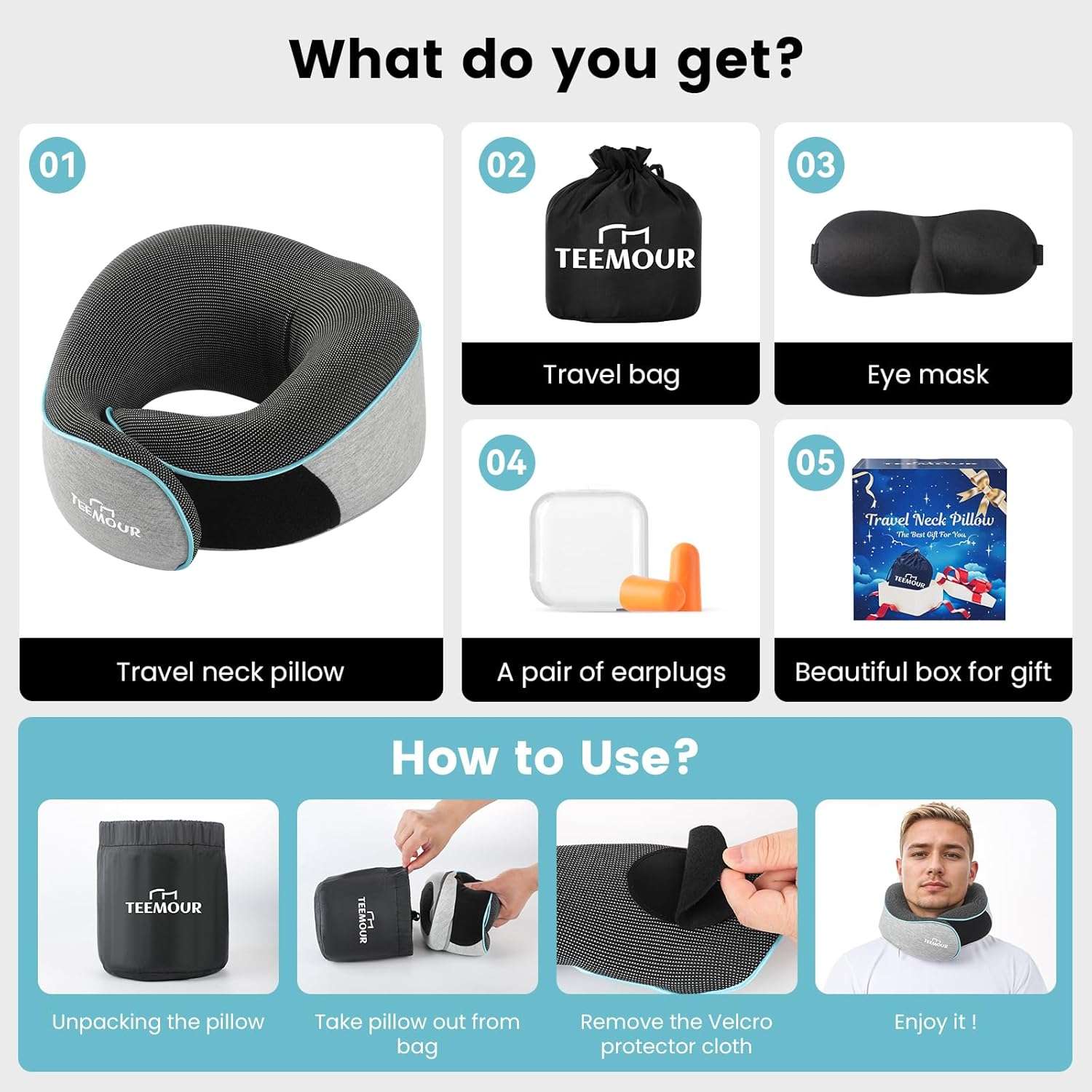 Upgraded Neck Pillow for Airplane Travel - 360° Support Gifts for Women-Men-Mom-Dad, Memory Foam Travel Pillow With Eye Mask & Earplugs, Portable Carry Bag - 9