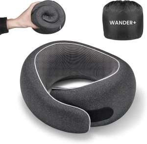 WANDER PLUS® Travel Pillow, 100% Pure Memory Foam Travel Neck Pillow Airplane Neck Support Ergonomic Design Best for Sleeping Plane Car Train Office Flight for Adults Black - 1