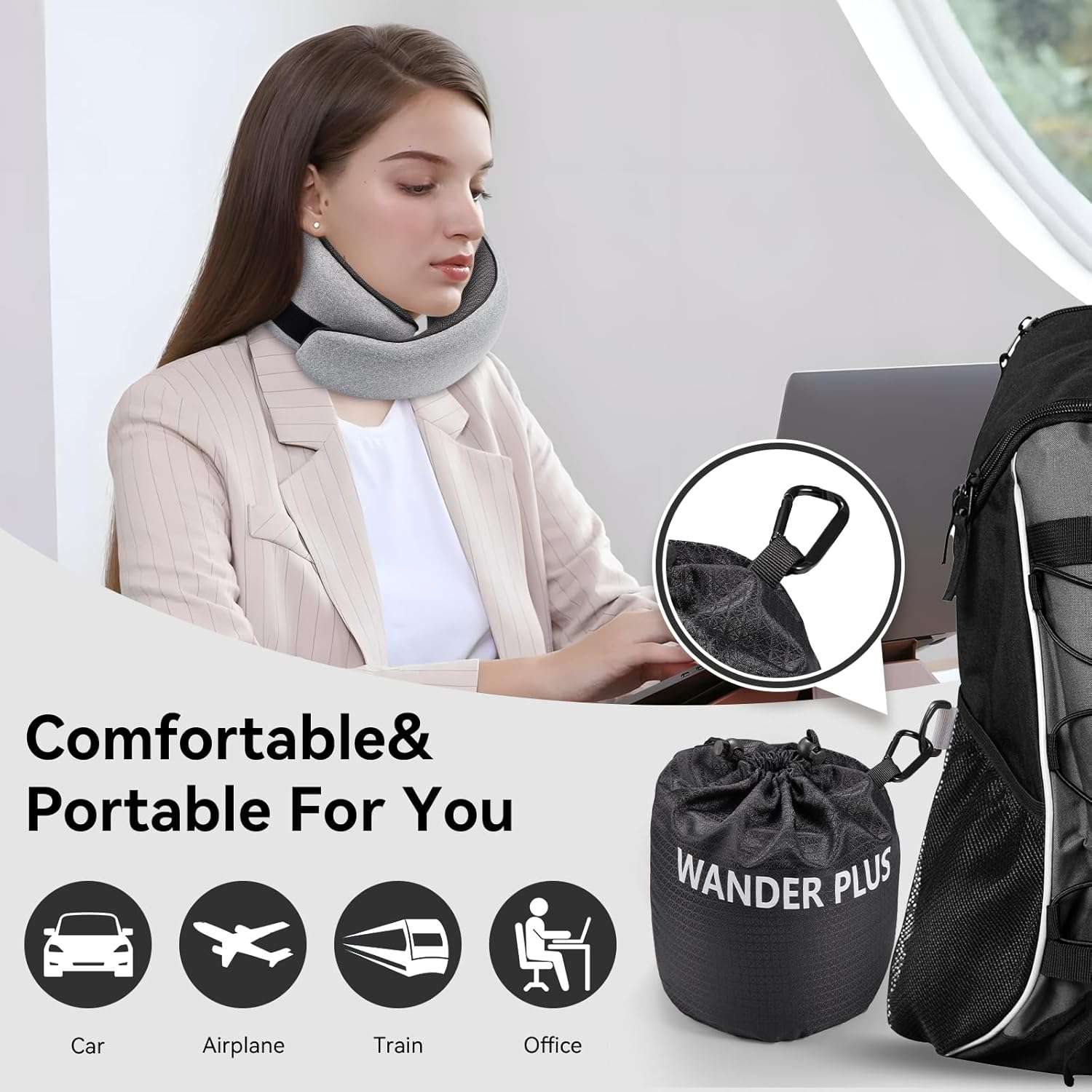 WANDER PLUS® Travel Pillow, 100% Pure Memory Foam Travel Neck Pillow Airplane Neck Support Ergonomic Design Best for Sleeping Plane Car Train Office Flight for Adults Black - 2